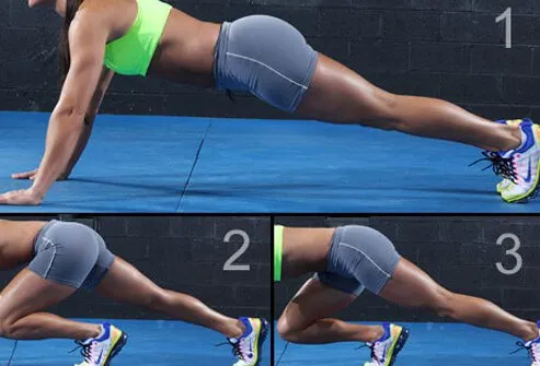 A sequence of a woman doing mountain climbers.
